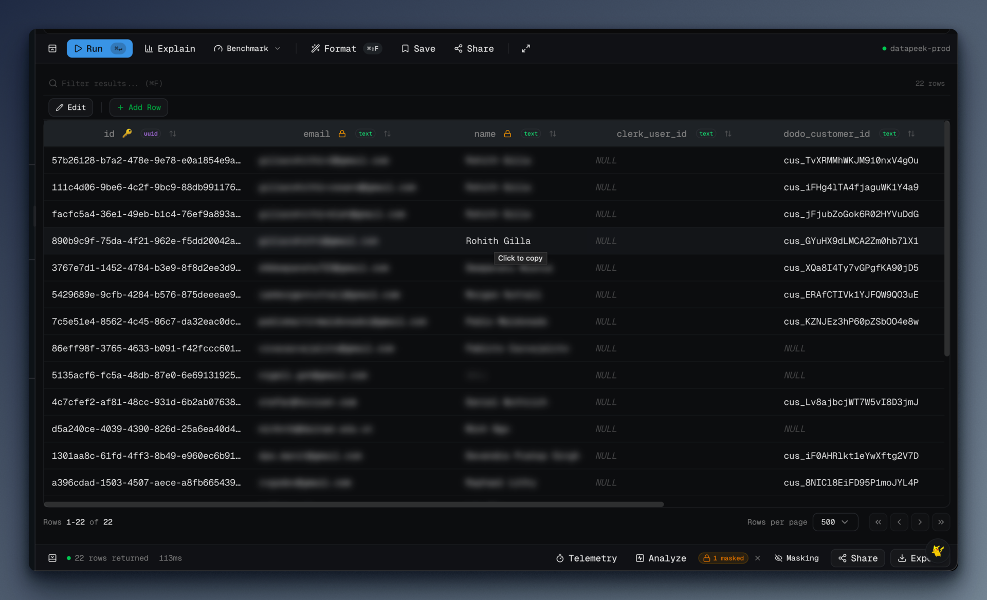 Alt-hover revealing a single email cell while the rest of the column stays blurred
