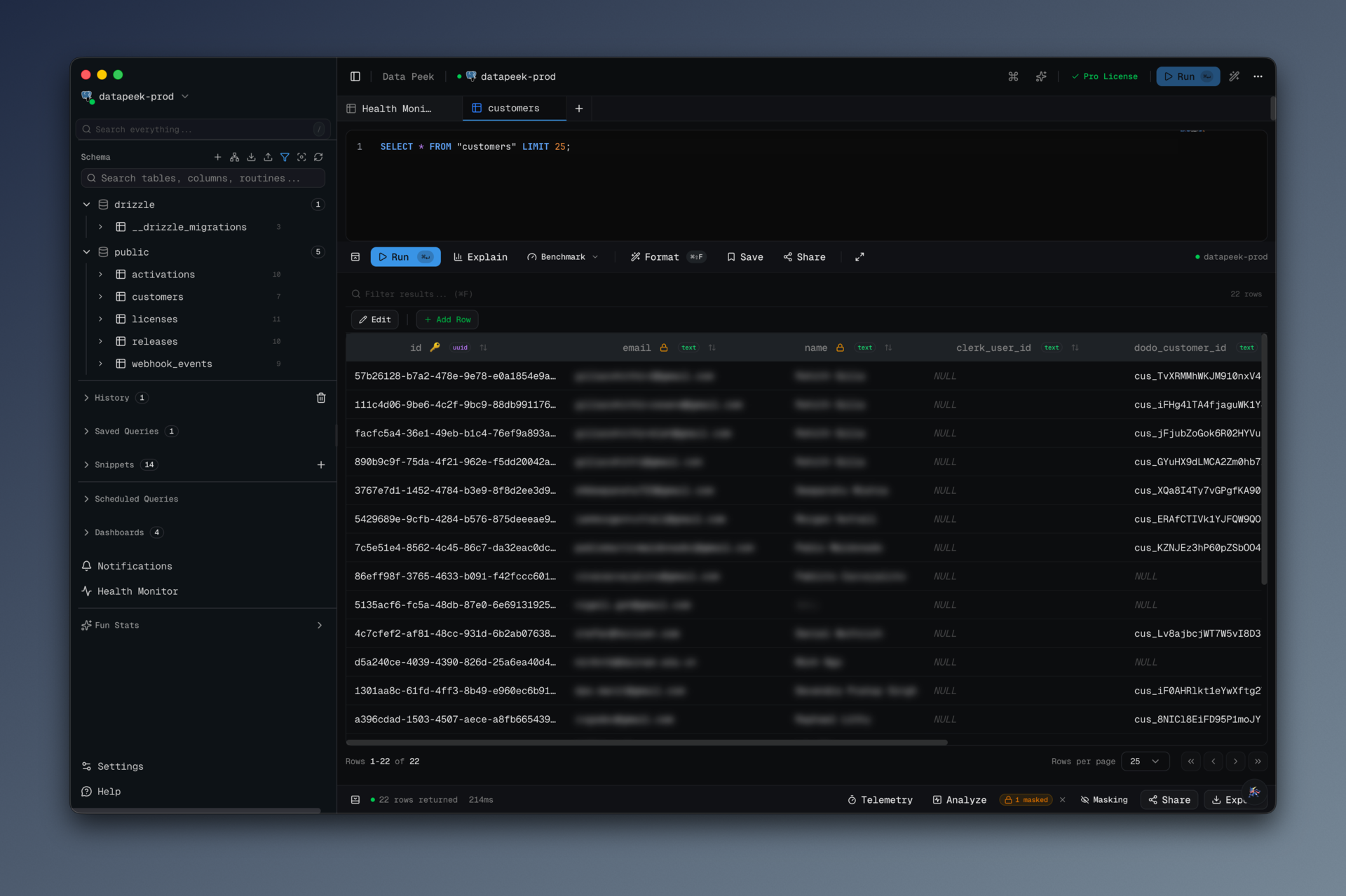 A users table query with email, password_hash, and token columns auto-blurred — the shape of the data is visible but the contents are not