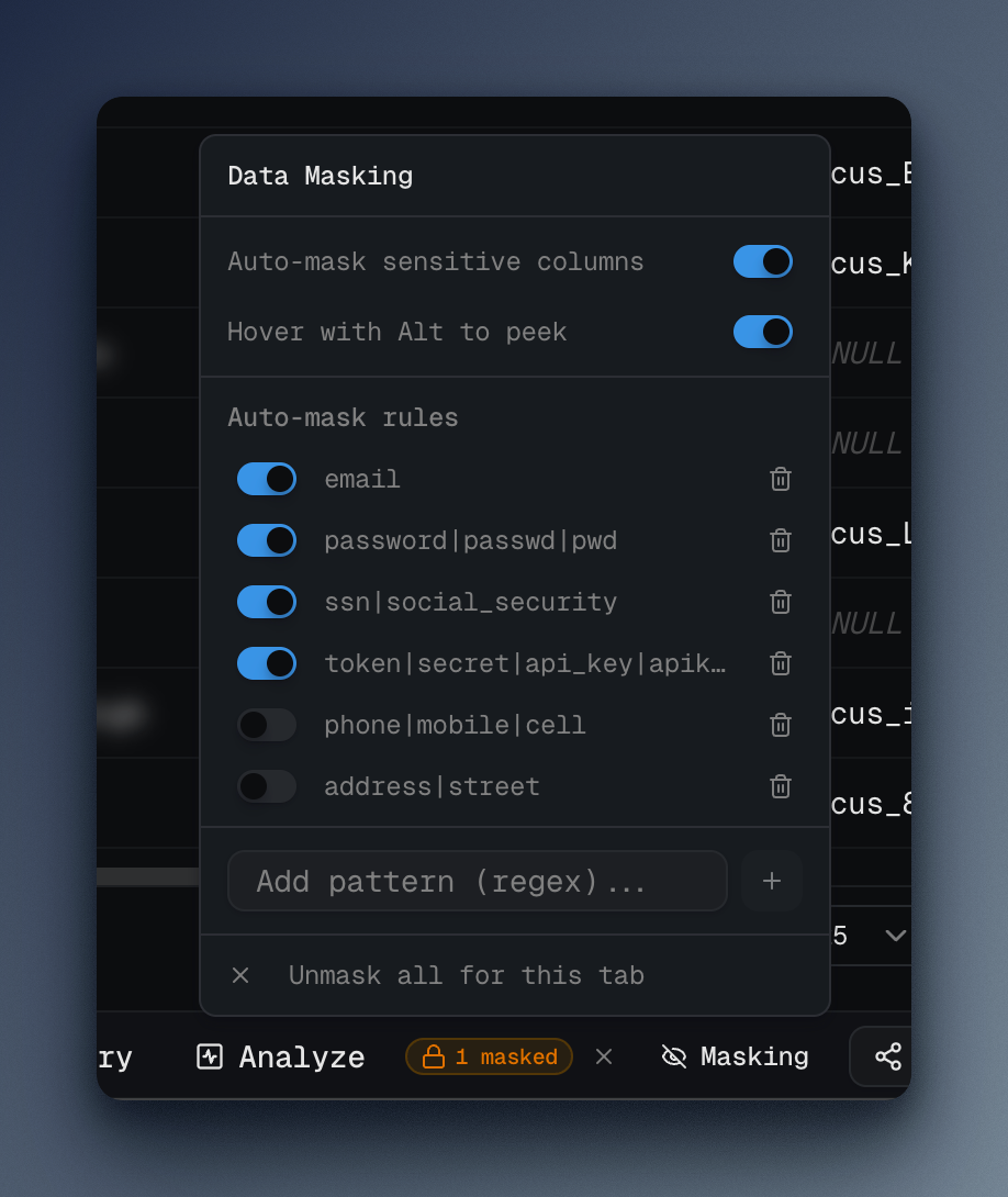 The masking toolbar with auto-mask rules listed, each with an enable toggle and editable regex pattern