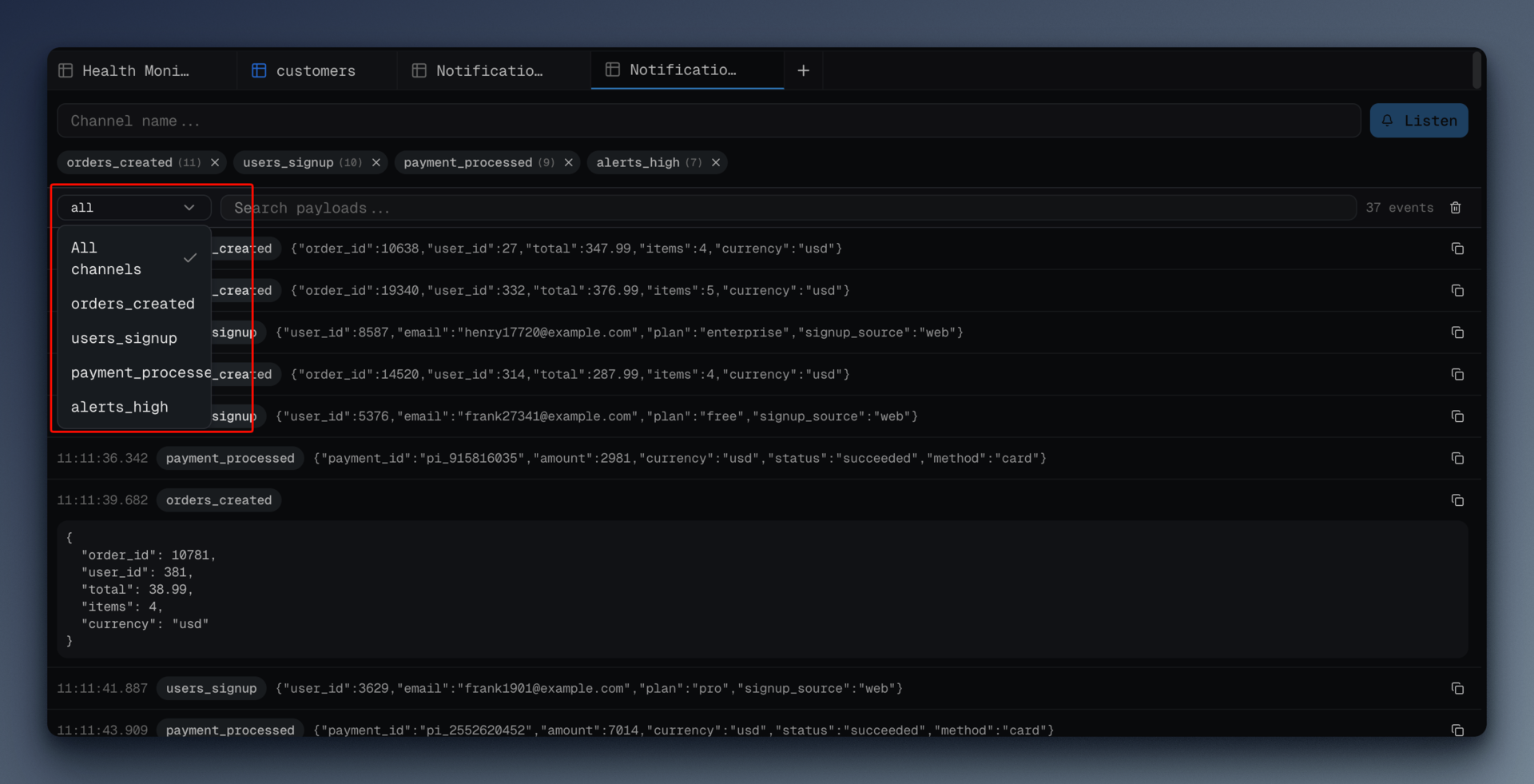 The channel subscribe and filter UI showing multiple active subscriptions